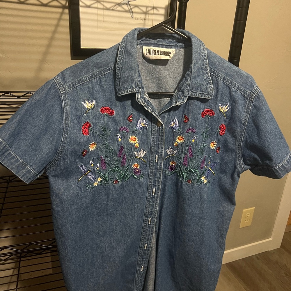 Denim Shirt with Floral Embroidery